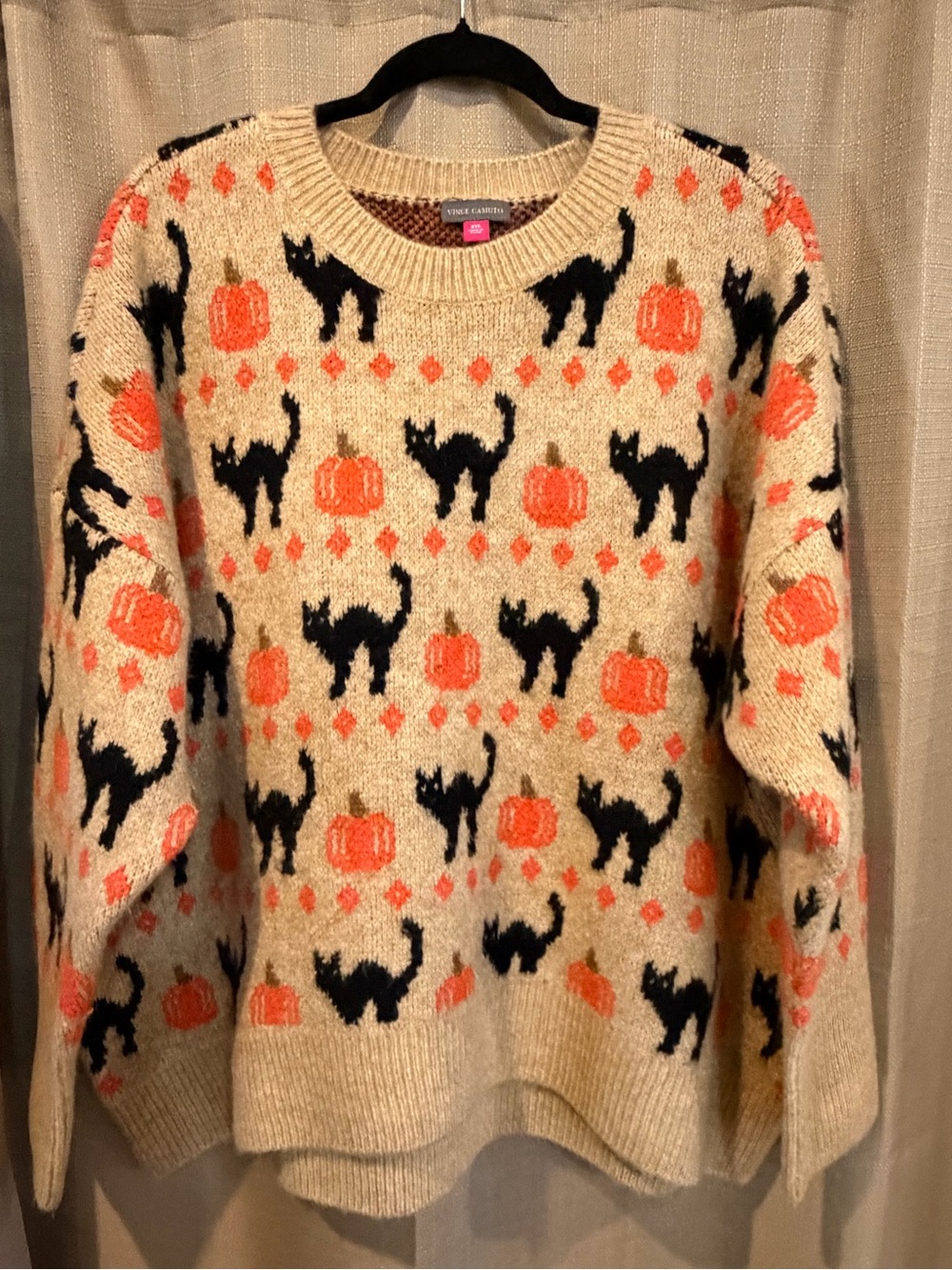 Vince Camuto Halloween Sweater XXL Cat Pumpkin Fair Isle Oatmeal Crewneck - Picture 1 of 3
